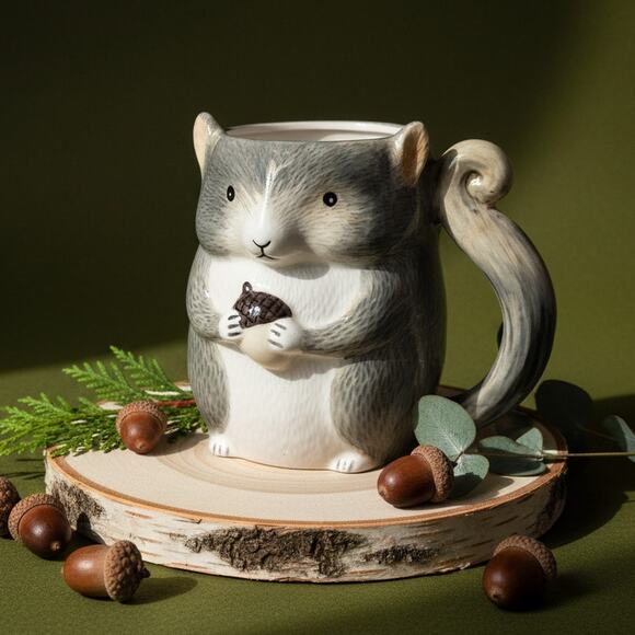 Whimsical Squirrel Mug with Tail Handle – Hand-Painted Ceramic Coffee Cup - Picture 1 of 10
